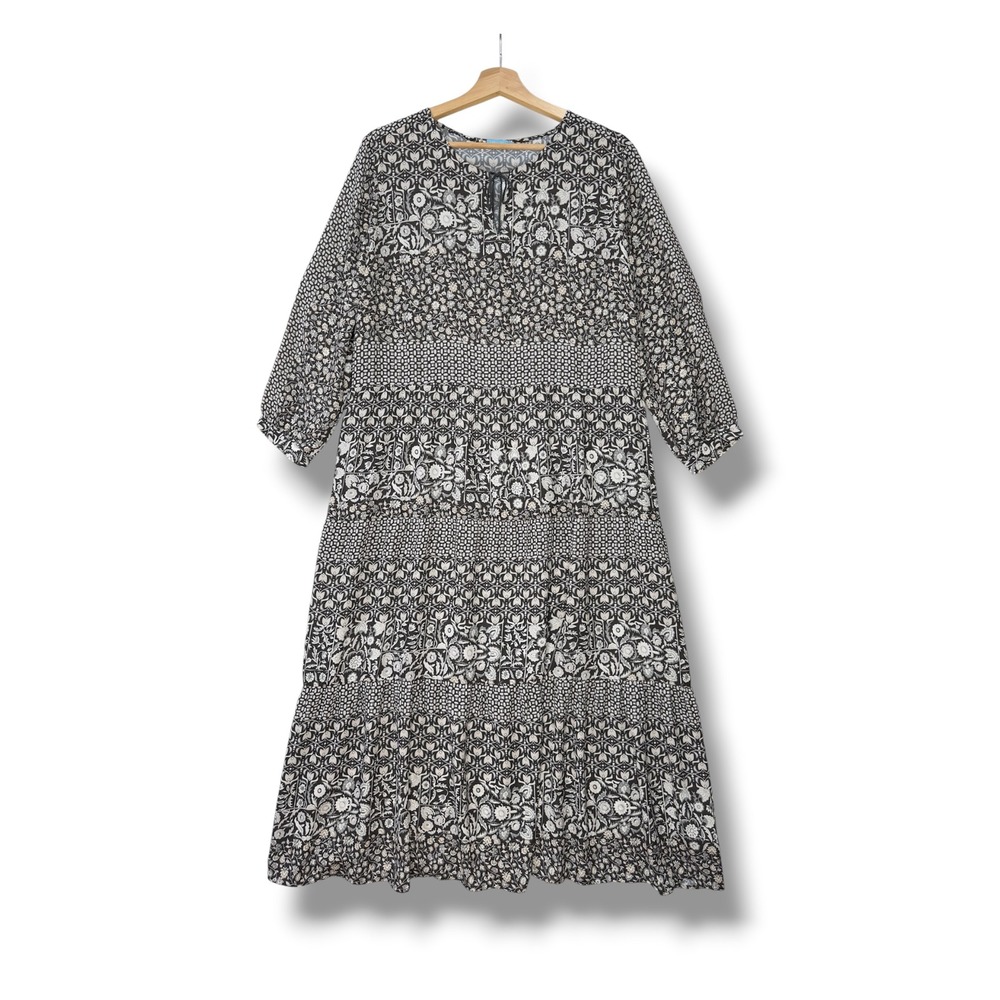 J.McLaughlin Hortense Dress Women's L Gray White Floral Tiered Midi Dress NWT